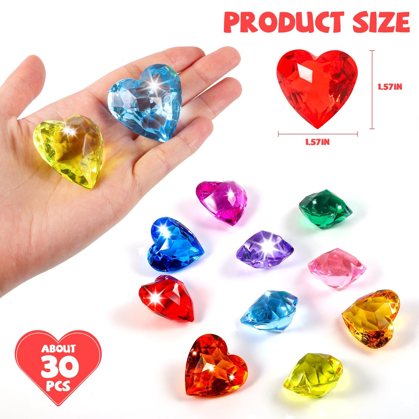 Niceup 30pcs Heart Gemstones Diamond Diving Pool Toys 1.57in Small Crystal Acrylic 3D Gems Heart Shape Gemstones for Mermaid Treasure Hunt Party Favors (Blue)