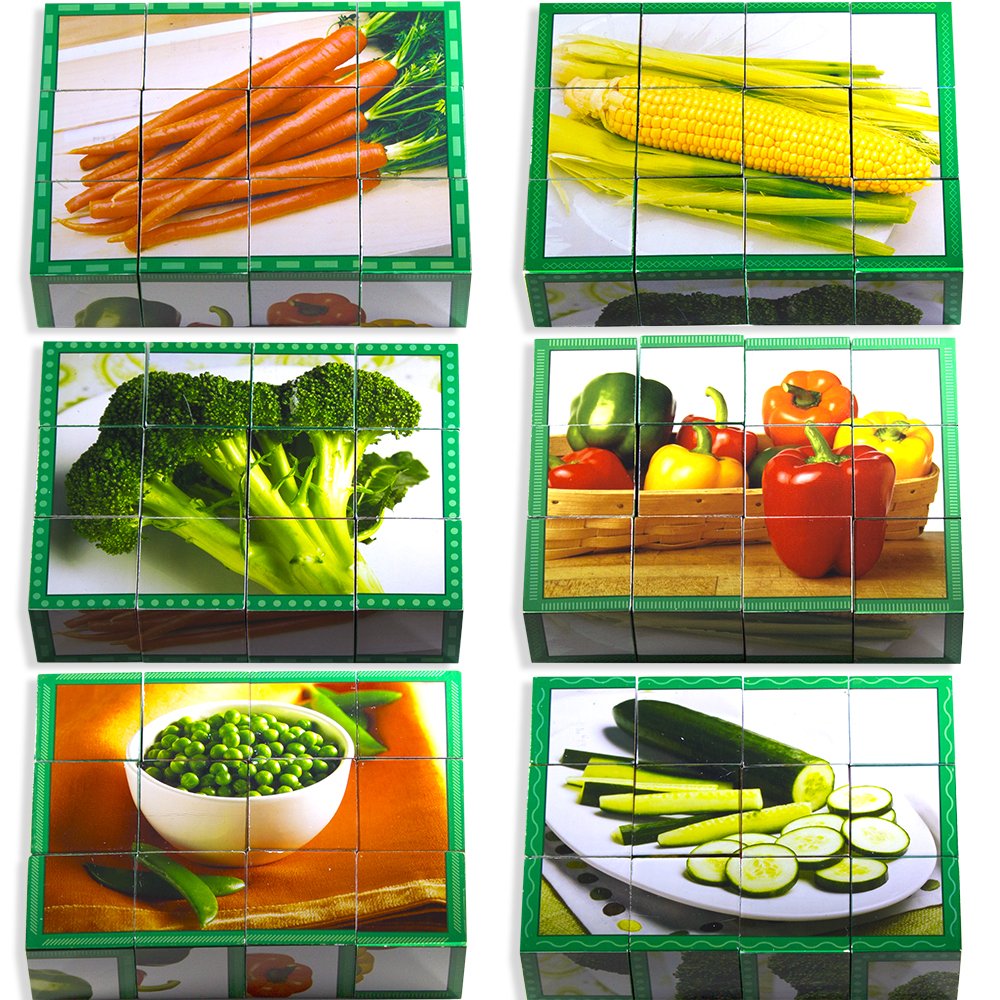 Stages Learning Real Picture Vegetables Wooden Cube Language Builder Preschool Puzzle (12 Piece), Green