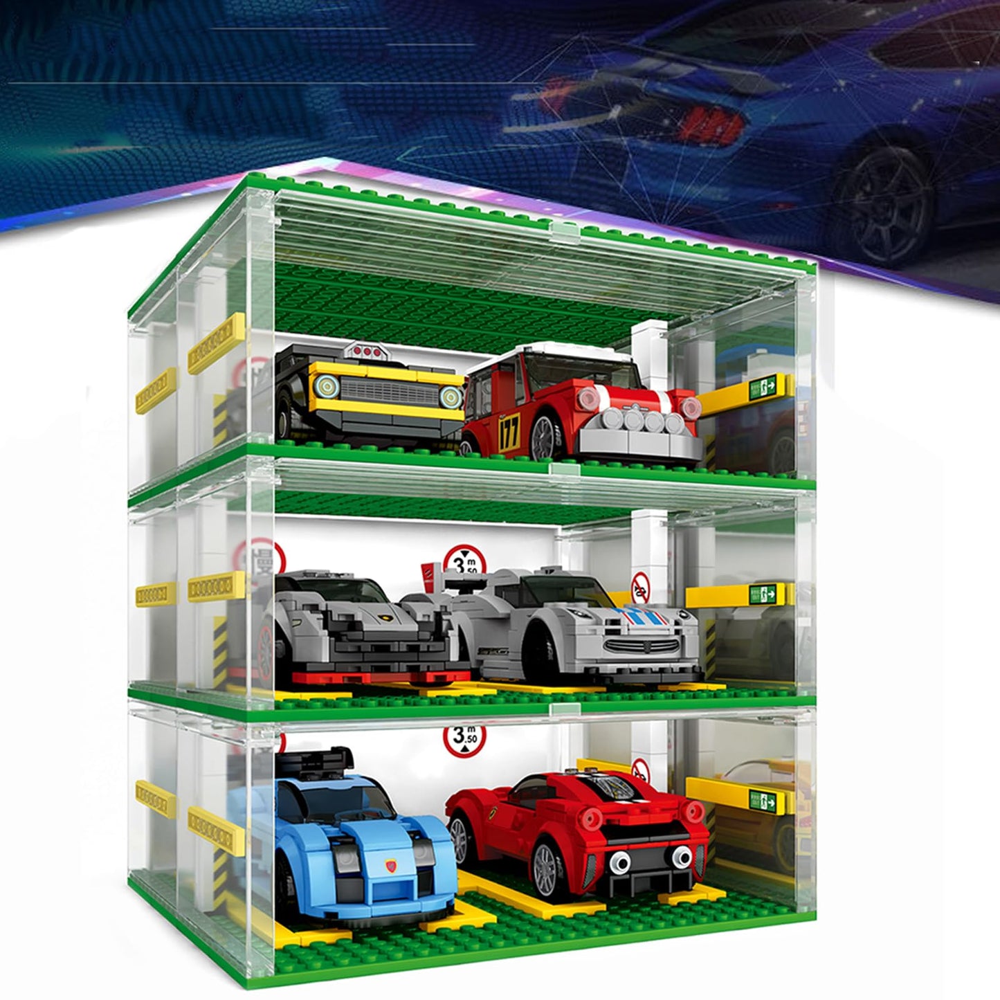 Celawork Building Blocks Garage Diy 3-Layer Showcase Car Parking Garage, Compatible Speed Champion Cars(Without Cars)