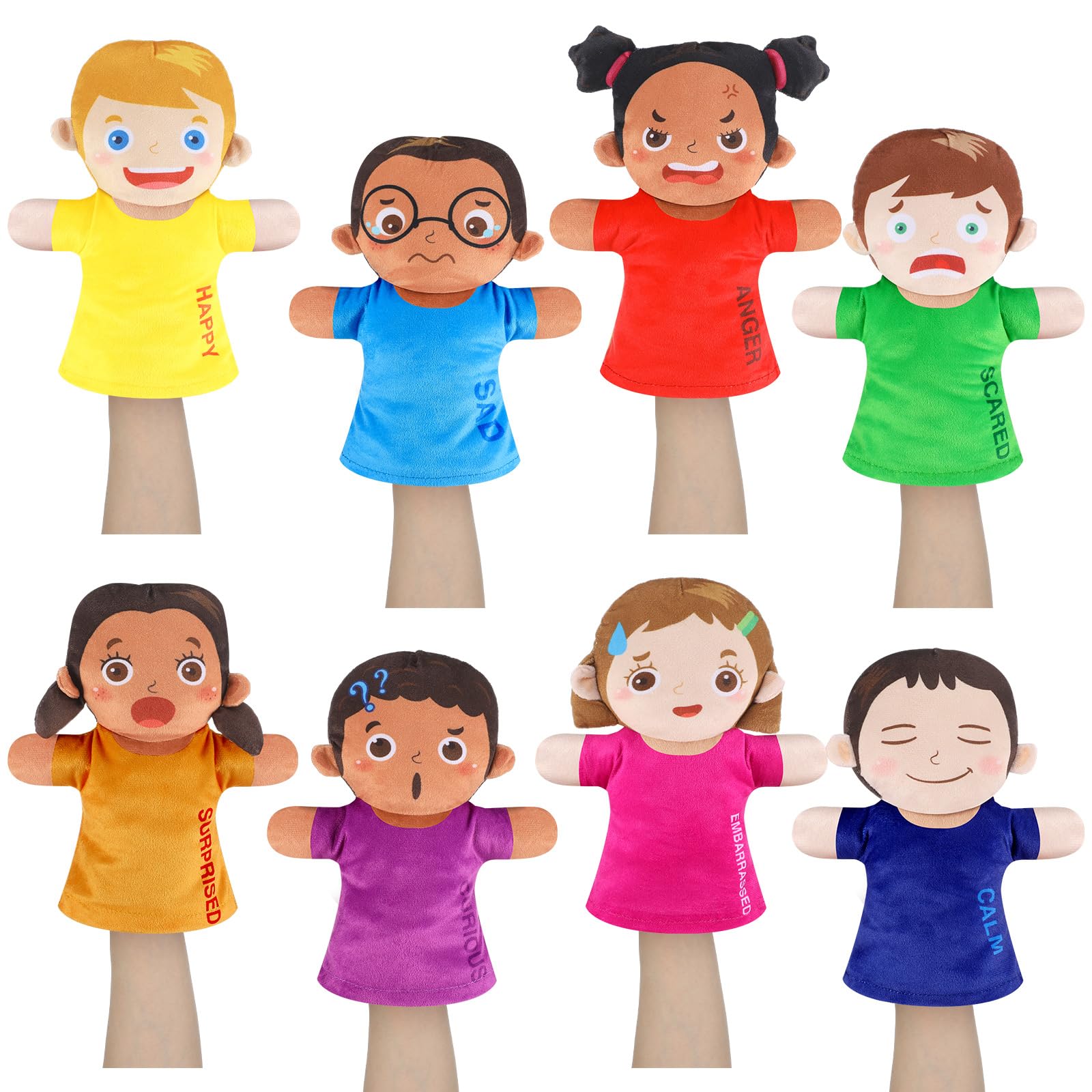 Gemscream 8 Pcs Feelings Hand Puppets with 8 Emotions Soft Plush Multicultural Puppets Ventriloquist Emotion Dolls for Social Em