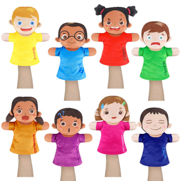 Gemscream 8 Pcs Feelings Hand Puppets with 8 Emotions Soft Plush Multicultural Puppets Ventriloquist Emotion Dolls for Social Em
