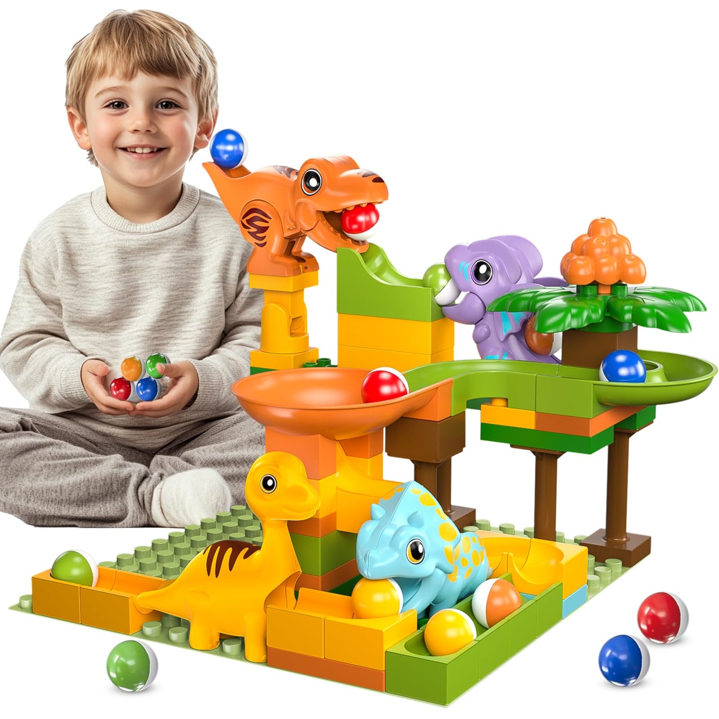 Fygurso Marble Runs for Kids 4-8  Dinosaur Toys  Interactive Learning STEM Building Toys with 4 Race Track  Compatible with All Major Brands for Toddler Kids Ages 3 4 5 6 7 8+ Boys Girls Gifts (Green)