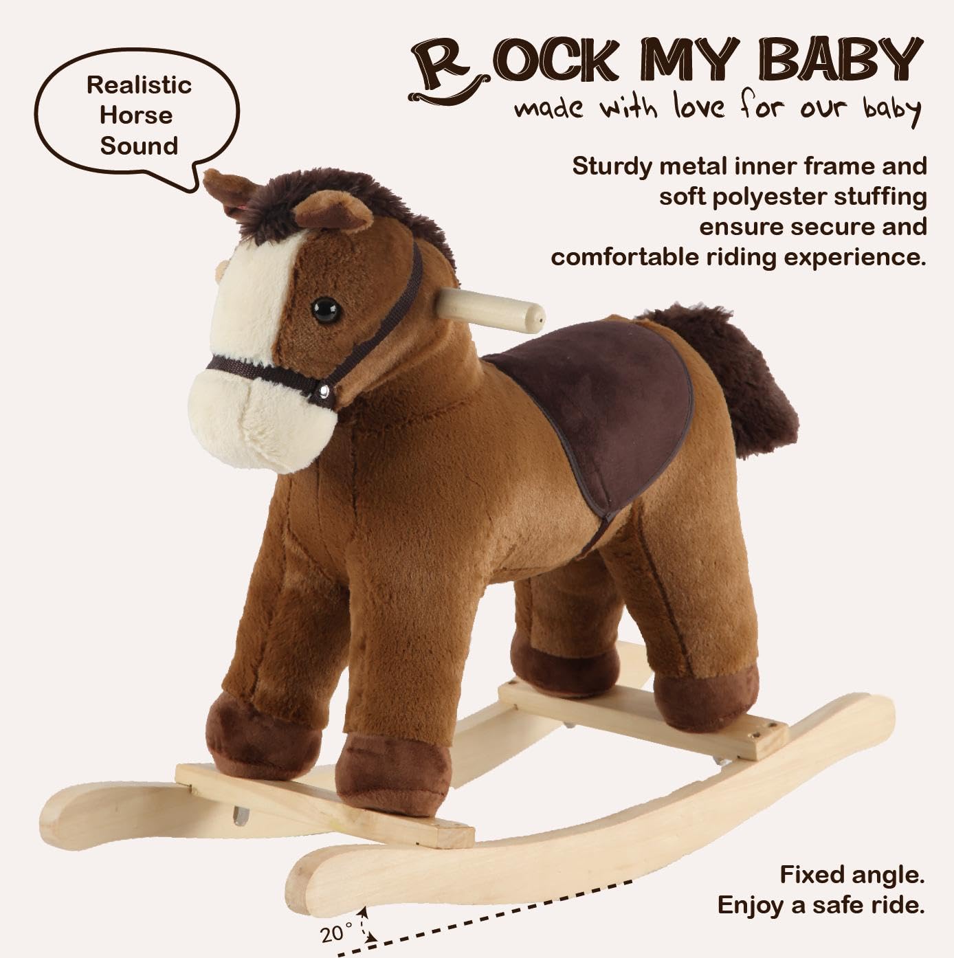 ROCK MY BABY Rocking Horse Toy, Plush Dark Brown, Large Size, Realistic Sound, CPC Certified for Toddlers 18M+