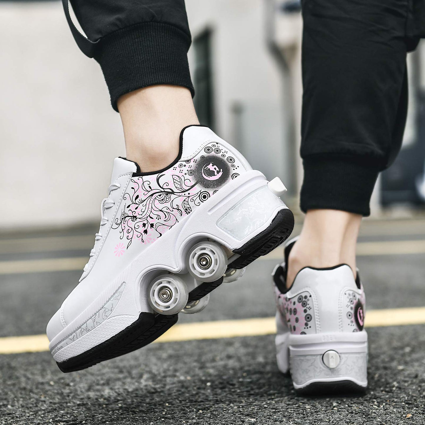 Double-Row Deform Wheel Automatic Walking Shoes Invisible Deformation Roller Skate 2 in 1 Removable Pulley Skates Skating Parkour (White Black Powder  US9)