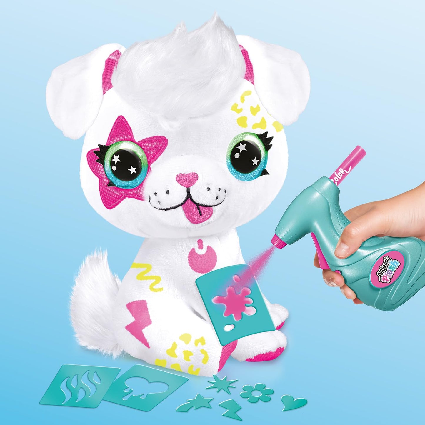 Canal Toys Airbrush Plush Neon Puppy - Customizable Spray Art with Markers & Stencils, Ages 6+, Model 228412, Polyester