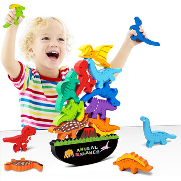 Fftroc Montessori Dinosaur Toys For 2 3 4 Year Old Boys - Wooden Stacking Dinosaur Toys For Kids 2-4 3-5, Toddler Balancing Bloc