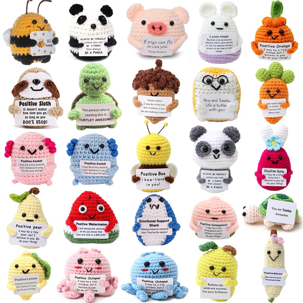 Hnqiqs 25PCS Crochet Animals Birthday Gifts for Women Men, Positive Crochet Animals Bulk Anniversary Christmas Encouragement Gif