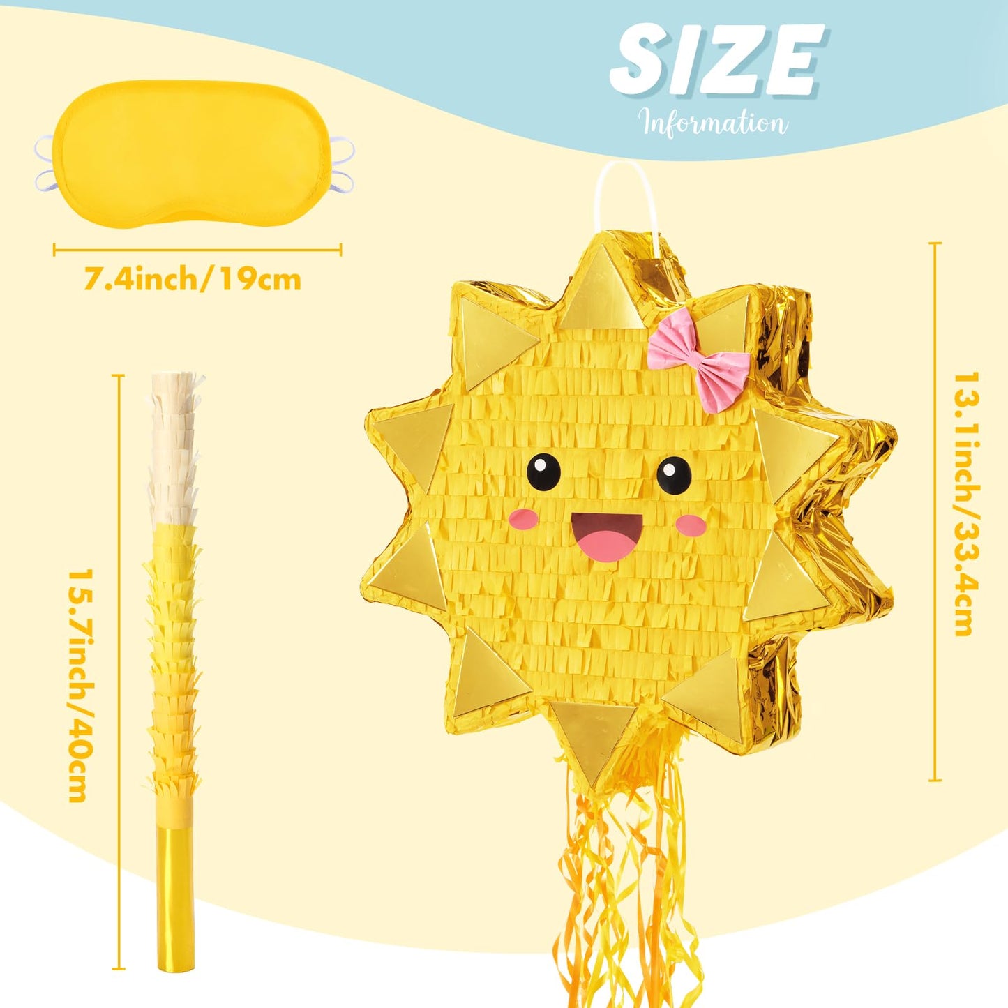 WERNNSAI Sun Pinata - Pull String Sunshine Party Decoration for Kids - Yellow - Includes Blindfold and Bat for Birthday & Baby Shower