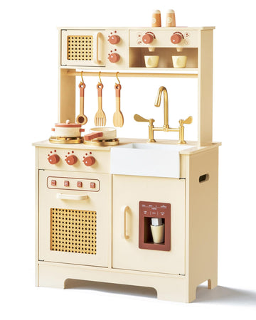 Play Kitchen For Kids, Wooden Play Kitchen Set With Realistic Features, Small Play Kitchen Toy Designed Ideal For Toddlers, For 