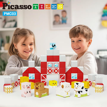 Picassotiles Magnet Cube Farm House Theme Mix And Match Building Block Construction Toy Barn With 5 Magnetic Cubed Character Act
