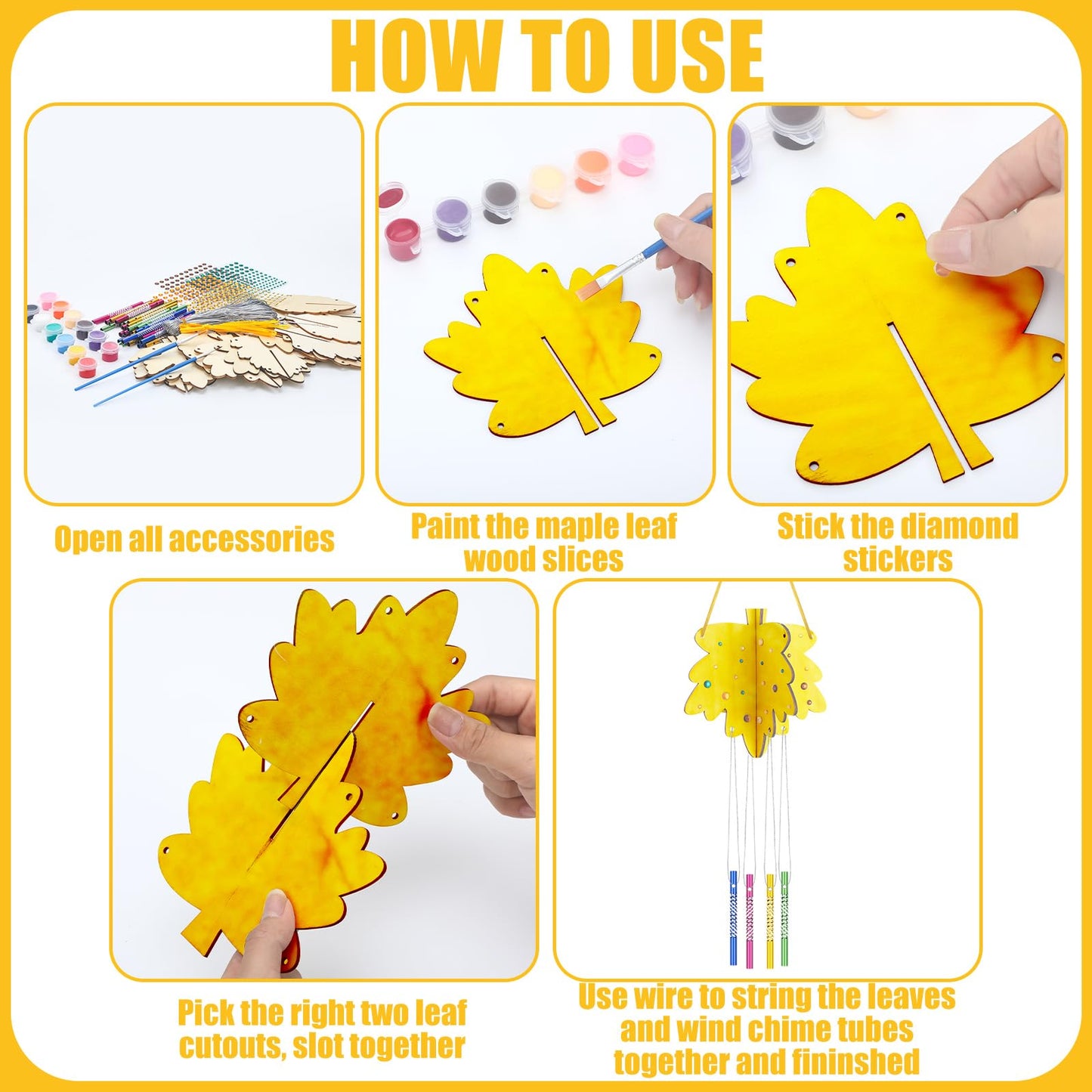 8 Sets Fall Wind Chime Kit 3D Make Your Own Maple Leaf Wind Chime Thanksgiving DIY Wooden Hanging Ornaments Fall Crafts for Autu