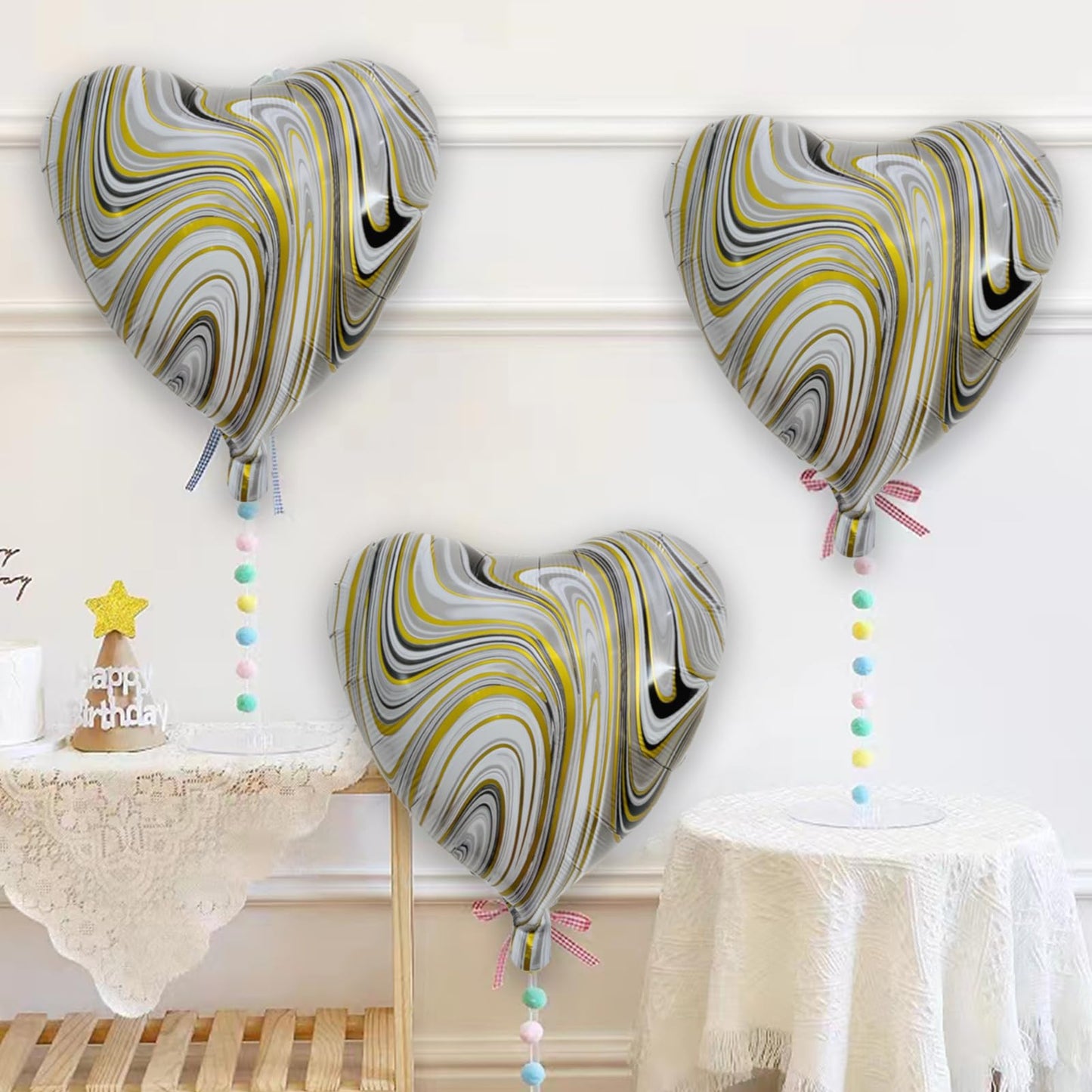 25 Pcs Marble Black Heart Balloons 18In Foil Heart Shaped 18 Inch Balloons Helium Mylar Balloons Foil Balloon Decoration For Wom