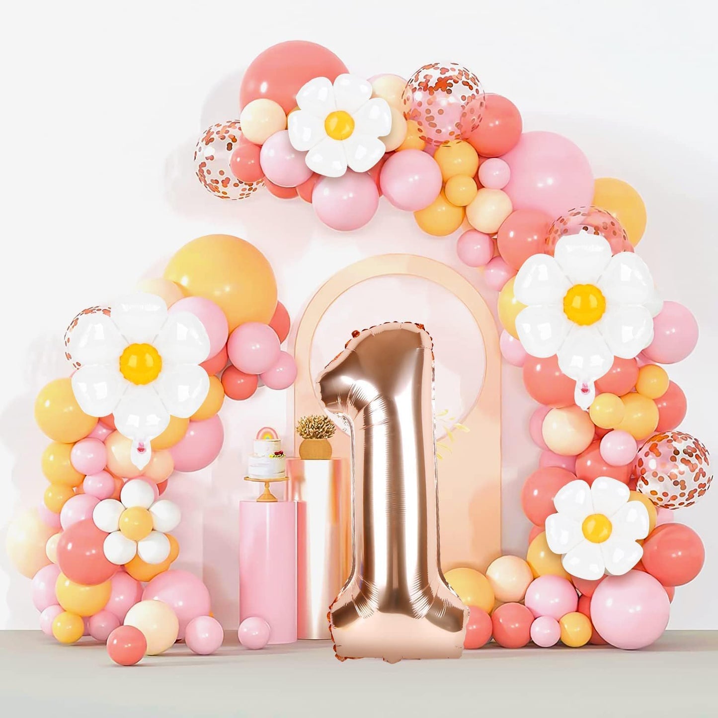 Dripykiaa 5Pcs Groovy One Party Decorations 40 Inch Rose Gold One Balloon For First Birthday Decoration Daisy 1St Birthday Foil