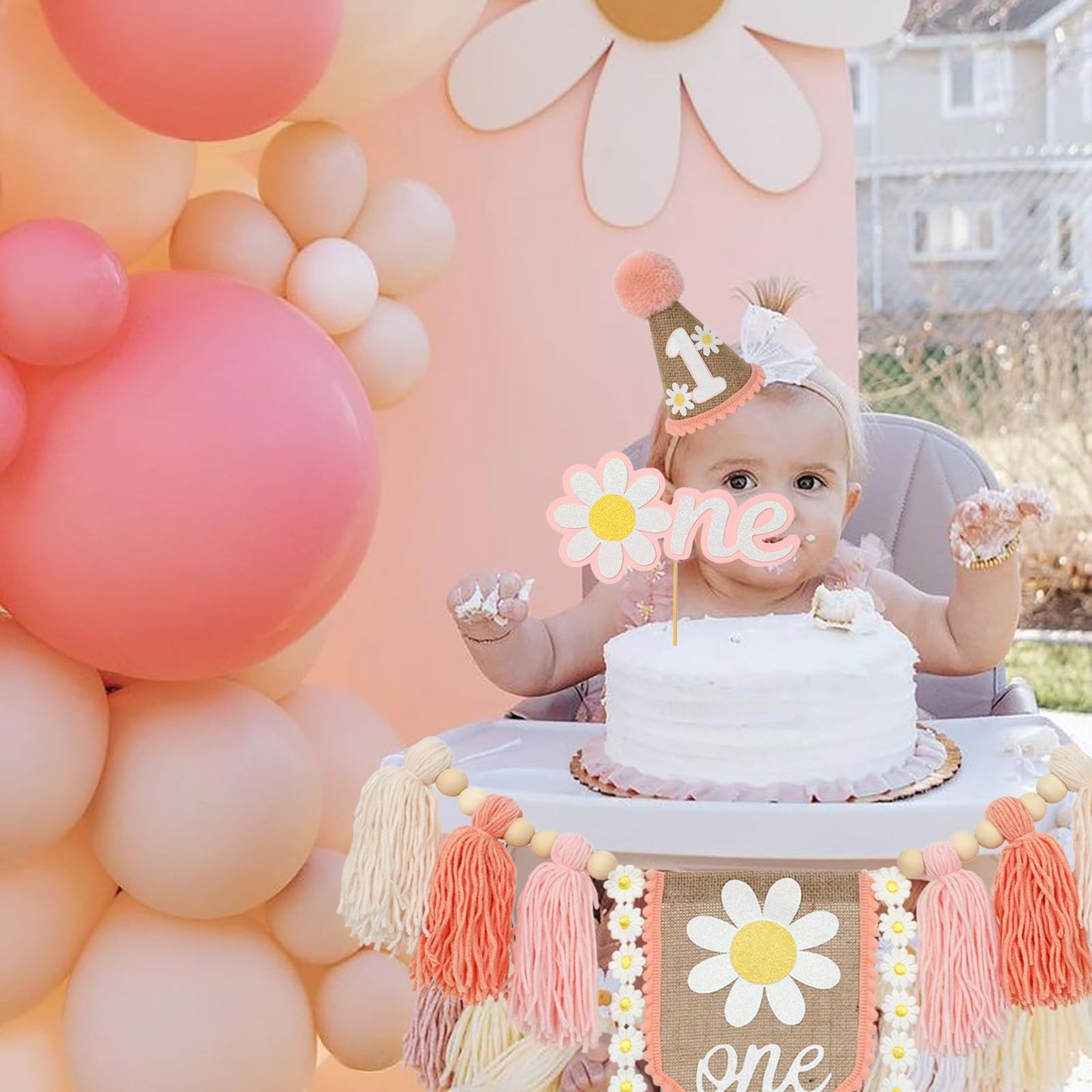 Ereniko Boho Pink Daisy Handmade Burlap Birthday High Chair Banner Wild One Cake Topper Birthday Cone Hat Happy Birthday Party D