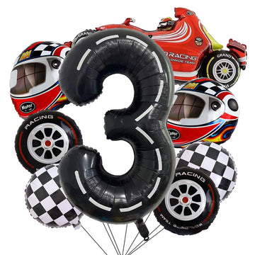 Stcomart 8 Pcs Race Car Party Decorations, Black Number 3 Balloon Checkered Balloons Tire Balloons For Boys 3Rd Birthday