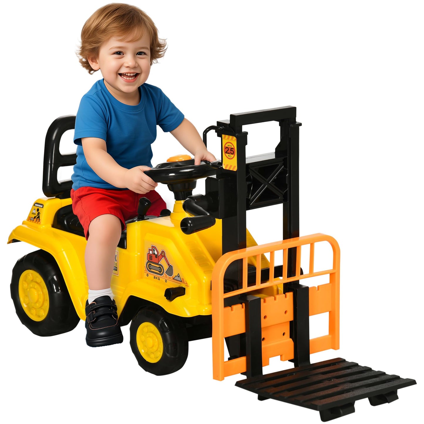 Aosom Sit and Scoot Ride-on Toy with Forklift Operation, Construction Toys for Kids with Under Seat Storage, Forklift Toy for 3-