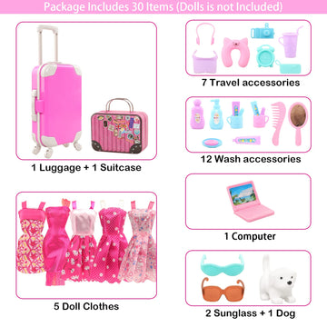 Barwa 32 Pcs Doll Suitcase Luggage Travel Clothes And Accessories For 11.5 Inch Girl Doll Travel Carrier Storage, Including 1 Lu