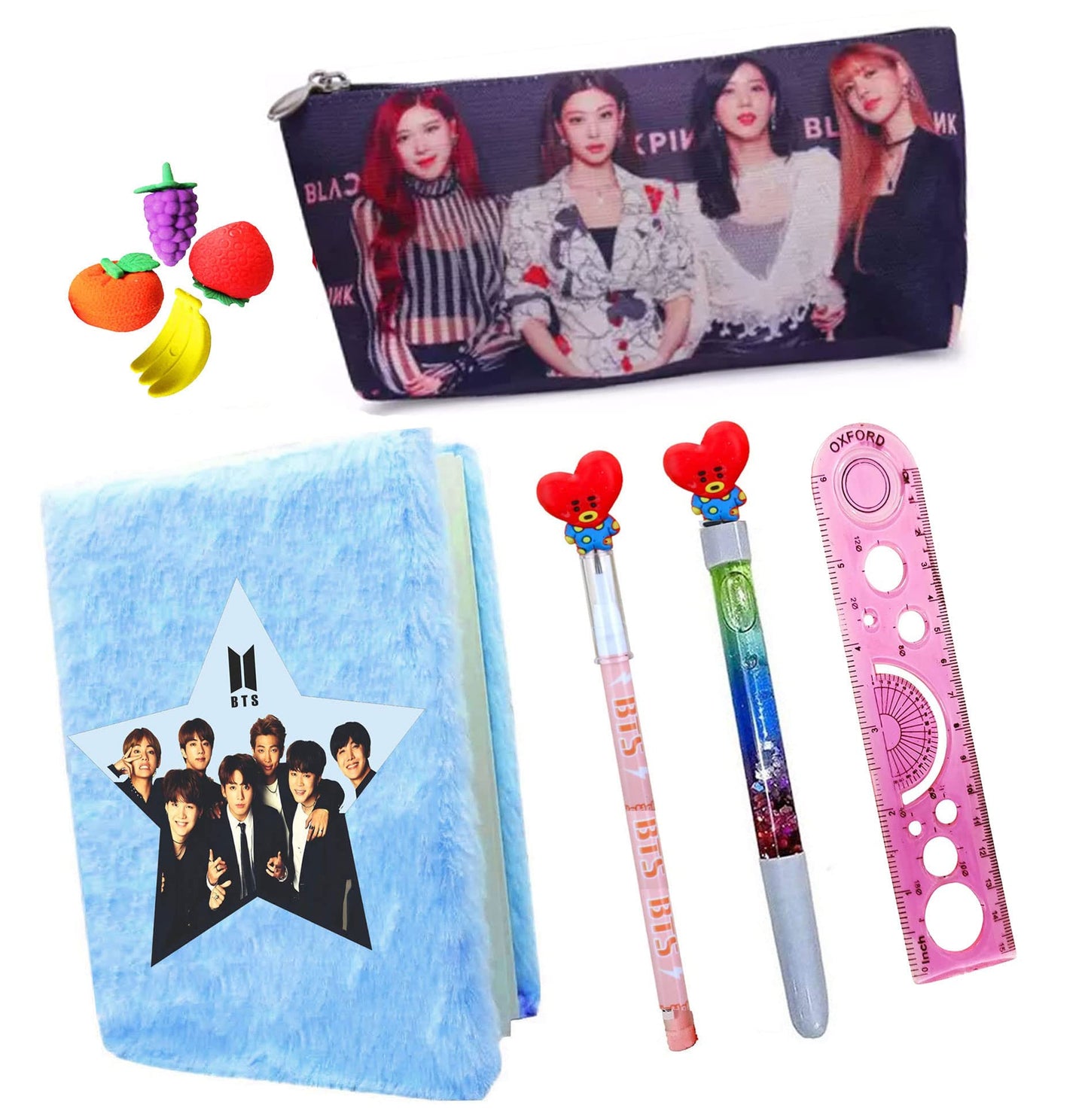 Neel 9 Pcs Bts Team School Stationery Set For Kids 1Pcs Bts Fur Diary Fur Notebook, 1 Bts Pencil Case Pencil Pouch, 1 Water Pen,