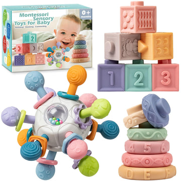Baby Sensory Teething Toys Set, Montessori Baby Toys 6-12 Months, Incl Newborn Rattle Teether & Baby Blocks & Soft Stacking Rings, Ideal Baby Boy Girl Gifts, Infant Toys 0-3-6-9-12-18 Month