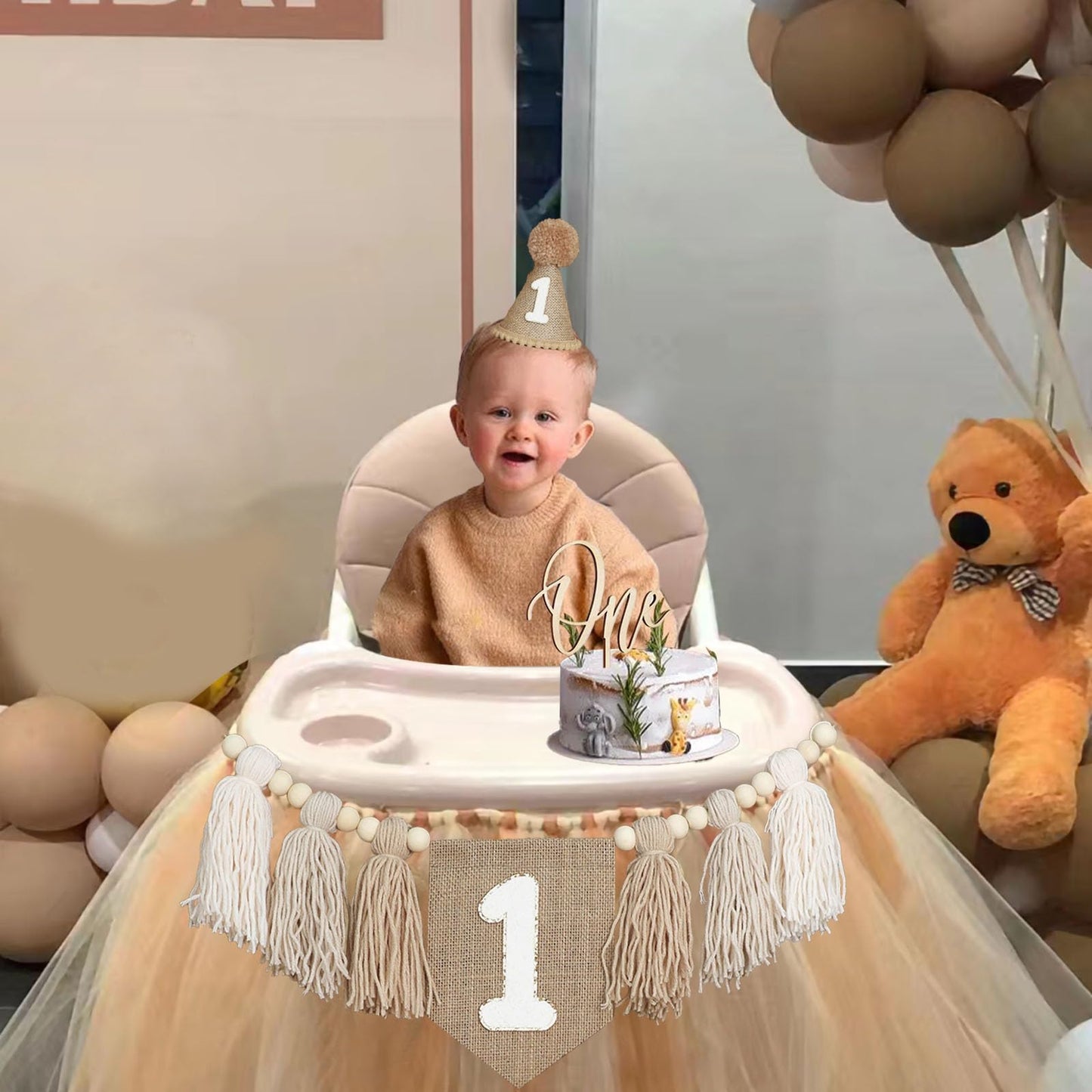 1St Birthday Decorations Boys High Chair Banner With One Cake Topper Brown Conical Hat For First Party