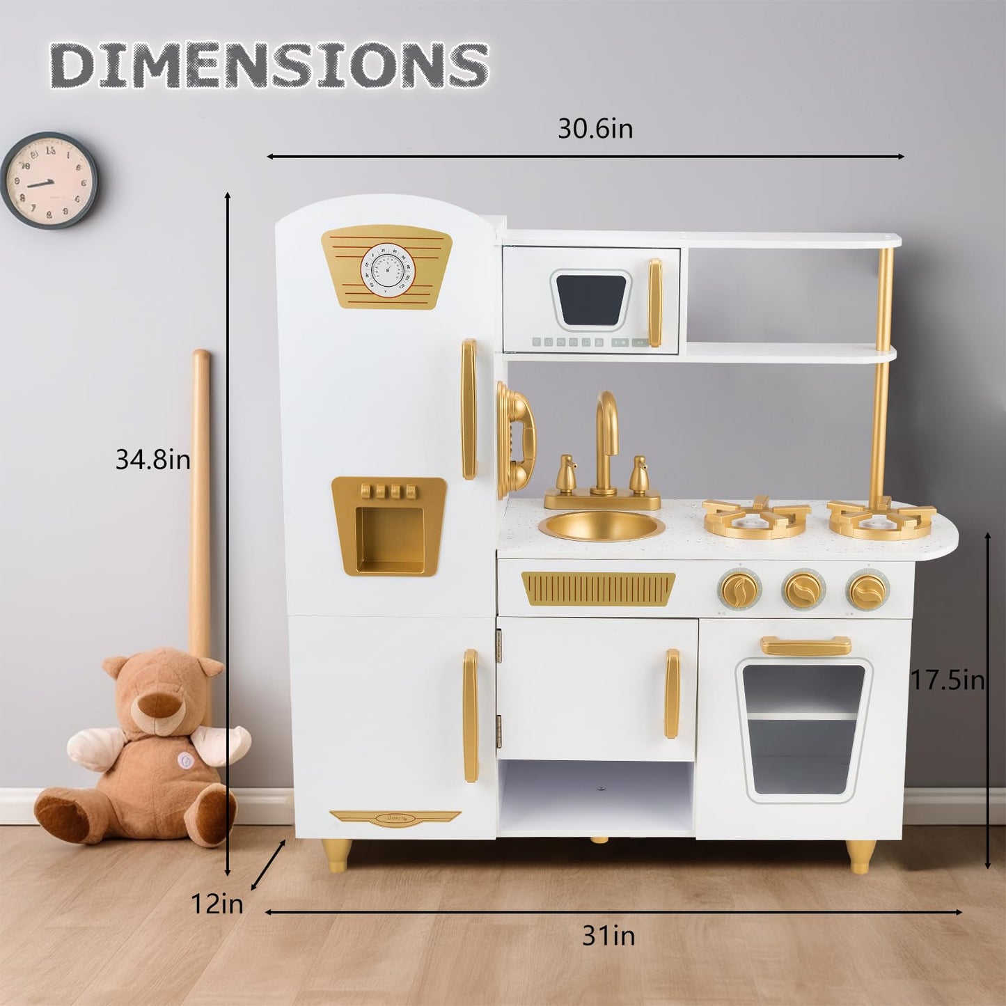 WoodenEdu Kitchen Playset for Kids Ages 3-8, Wooden Pretend Play Kitchen with Realistic Sounds, Including Telephone, Ice Maker,