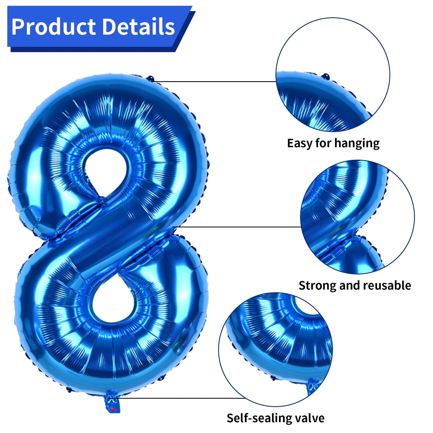 FunHot 40 Inch Blue Number 8 Balloon, Rubber Latex, 11Pcs Silver Print, 8th Birthday Party Decorations