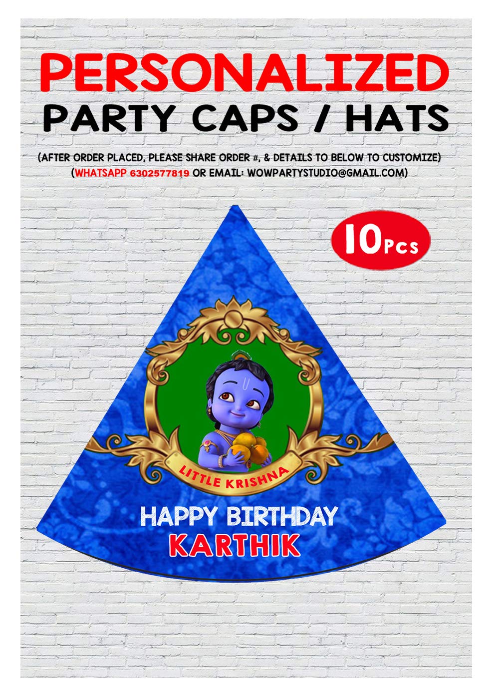 Wow Party Studio Personalised Little Krishna Theme Happy Birthday Party Decorations Party Caps/Hats With Birthday Boy/Girl Name 