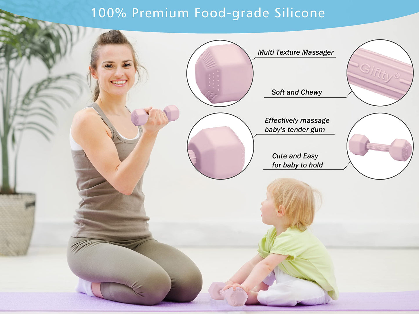 Baby Dumbbell Toy - Silicone Infant Rattle Teething Toy Teether Toddler Sensory Toy Durable Safe Exercises Workout Weight - Great Gift For Girls And Boys (1Pcs - Sandy Brown)