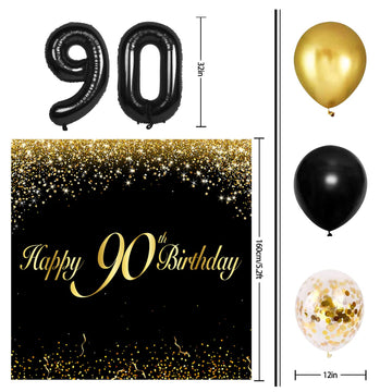 Happy 90Th Birthday Balloons Black Set Decor - Cheers To 90 Years Old Party Theme Garland Banner Backdrop Decorations For Women