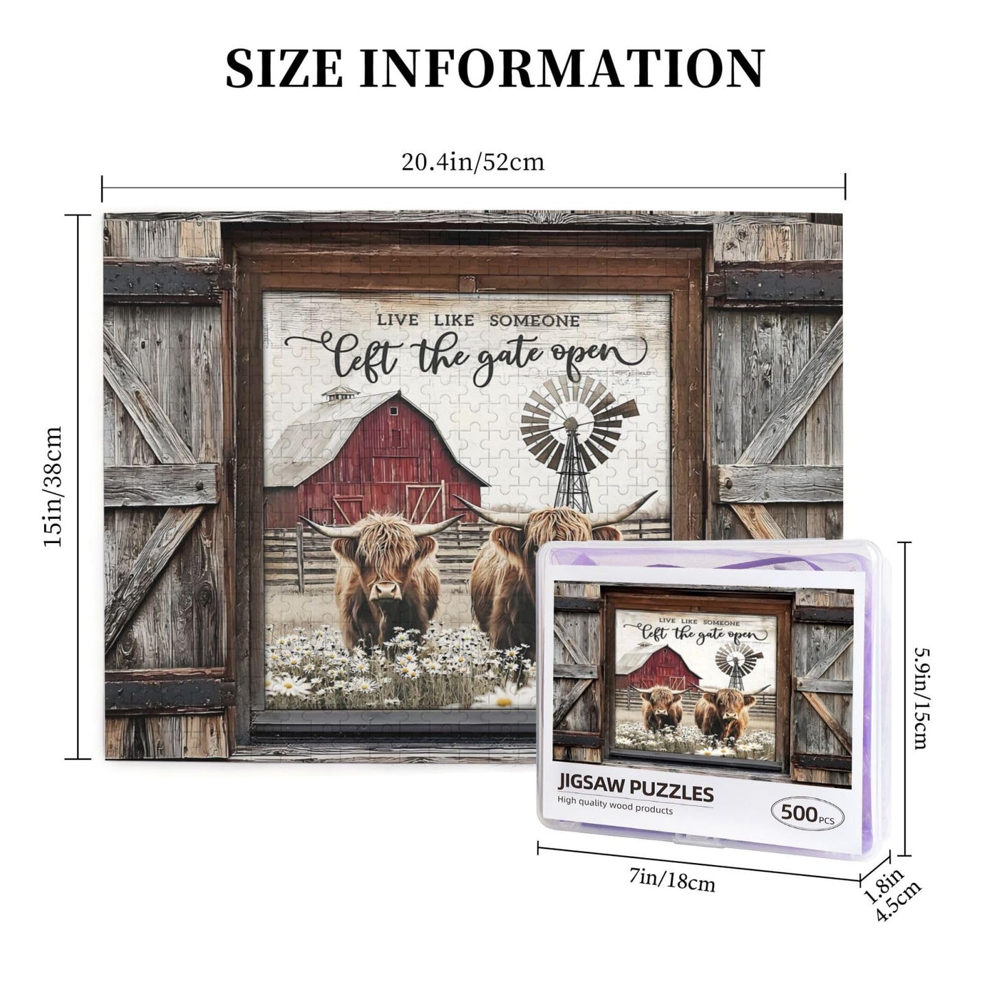 TREKTOTS Highland Cow Jigsaw Puzzle, 500 Pieces, Wooden, White, Rustic Farm Scene, Relaxing Nature Art, Perfect Gift for Adults