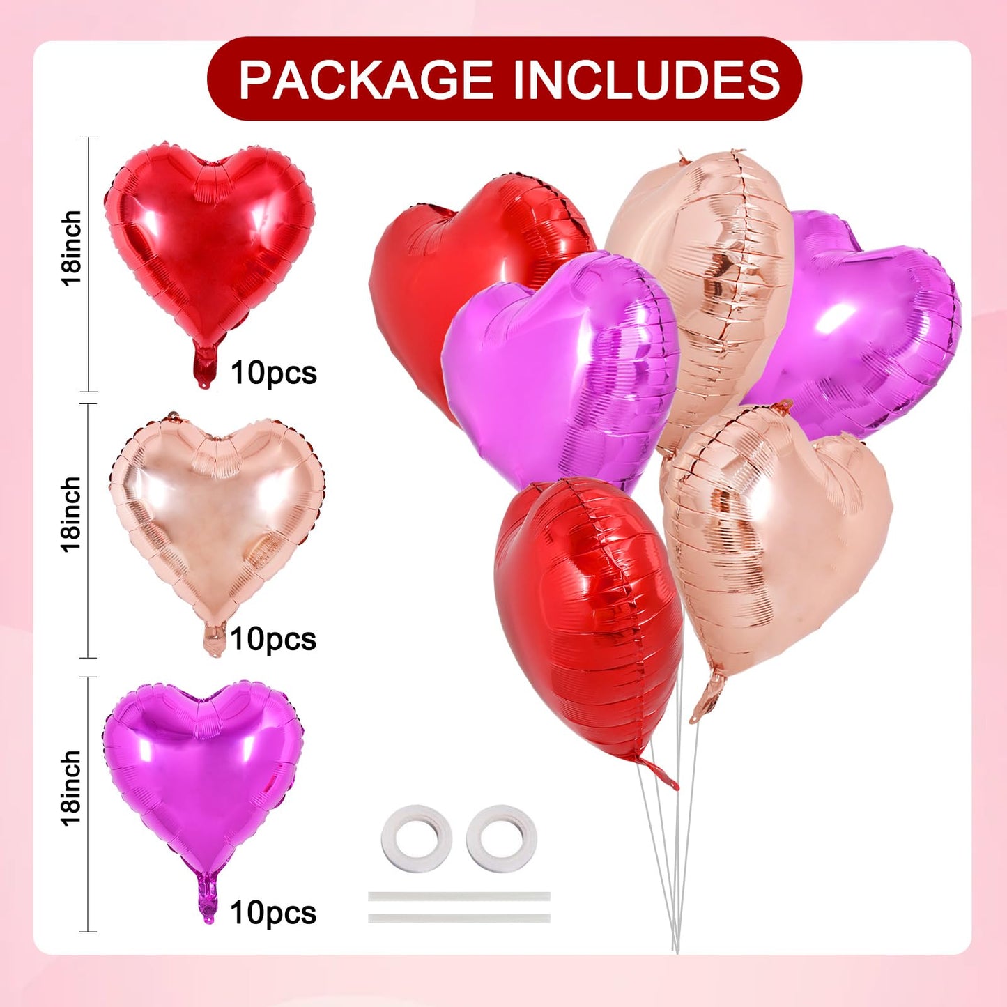 TONIFUL 30Pcs 18 Inch Heart Balloons Red Hot Pink Rose Gold Valentines Day Heart Shape Foil Mylar Balloons Decoration for Valent
