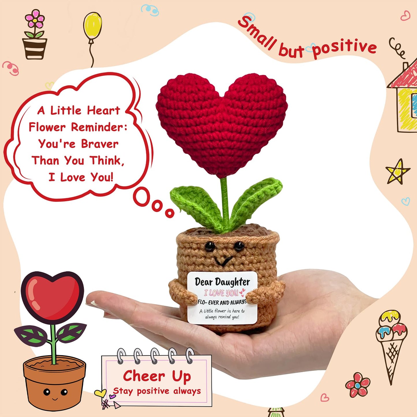 GiftsFU Crochet Heart Flower Animal - Red Yarn Gift for Teen Girls, Birthday, Graduation, Christmas