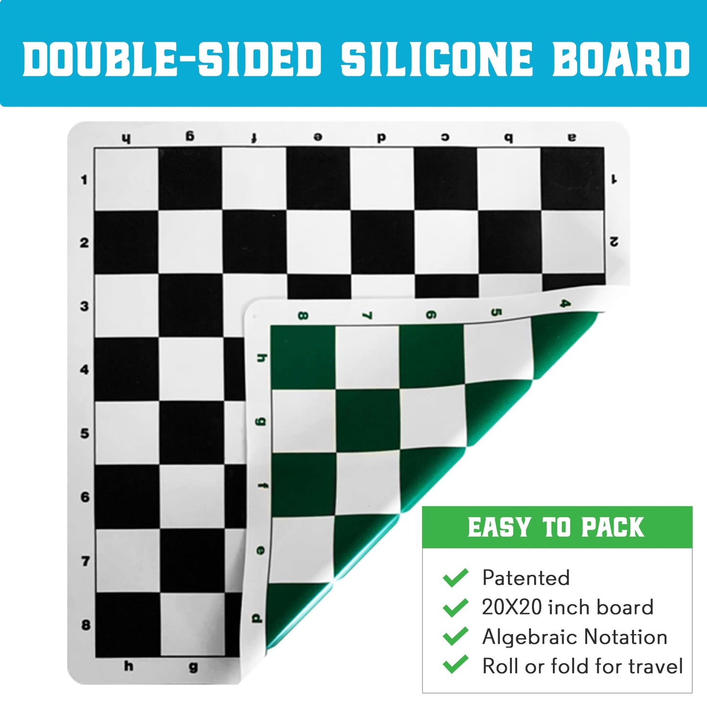 Chess Geeks Best Chess Set - Triple Weighted Tournament Size (4" King), Roll Up Silicone Mat, Large Staunton Pieces, Model BKG-002
