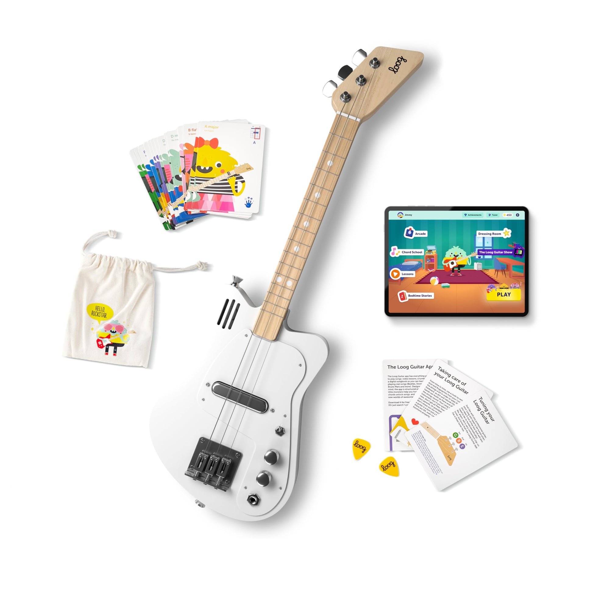Loog Mini Electric kids Guitar for Beginners built-in Amp Ages 3+ Learning App and Lessons Included White