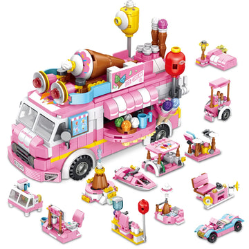 Panlos 553 Pcs Building Toys For Girls, 25-In-1 Ice Cream Truck Building Bricks Construction Vehicles Kit, Stem Learning Buildin