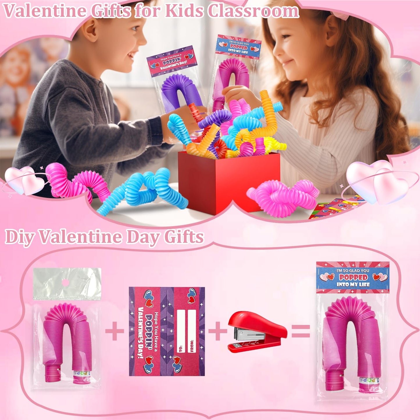 24 Packs Valentine'S Day Gifts For Kids Glow Pop Tubes With Valentine Cards Stress Relief Fidget Toys Valentine'S Party Favors,