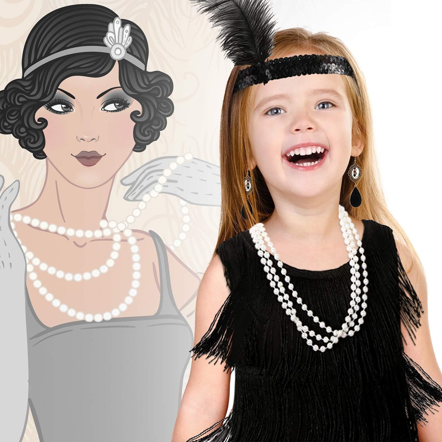 Xaatren 6 Pcs Girls 20'S Flapper Dresses Costume Set For Kids Aged 4-12 Fringed 1920'S Costume Accessories Halloween Costumes(La