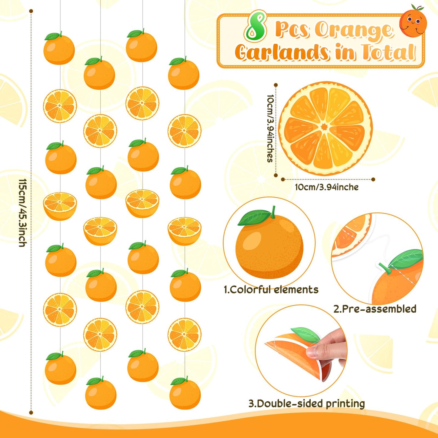 Daifunli 8 Pcs Orange Party Decorations Citrus Slice Birthday Hanging Garlands Banner Tangerine Paper Cutouts Streamer for Littl