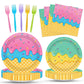 100 Pcs Ice Cream Cone Party Supplies Set, Serves 25 - Disposable Paper Plates, Napkins, and Colorful Forks, Ice Cream Themed Ta