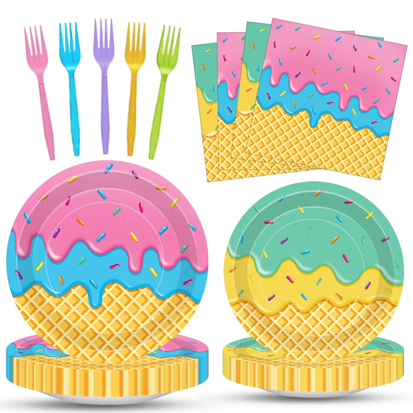 100 Pcs Ice Cream Cone Party Supplies Set, Serves 25 - Disposable Paper Plates, Napkins, and Colorful Forks, Ice Cream Themed Ta