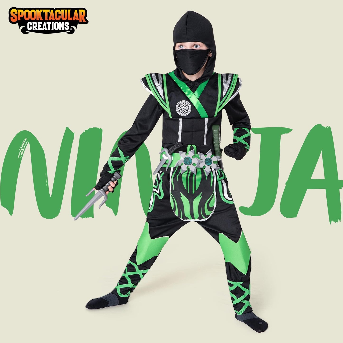 Spooktacular Creations Kids Green Ninja Costume, Child Boy Ninja Costume For Kids Toddler Ninja Themed Parties, Halloween Costume Dress Up (Large(10-12 Yrs))