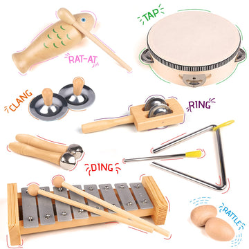 Chriffer Kids Musical Instruments Toys, Percussion Instruments Set With Xylophone, Preschool Educational Music Toys For Boys Girls, Natural Eco-Friendly Wooden Music Set (8)