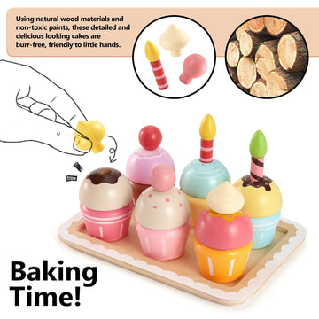 HERSITY Wooden Cupcakes Toys Pretend Play Food Desserts Kids Baking Set, Kitchen Playset for Toddlers 3-5, Tea Party for Little