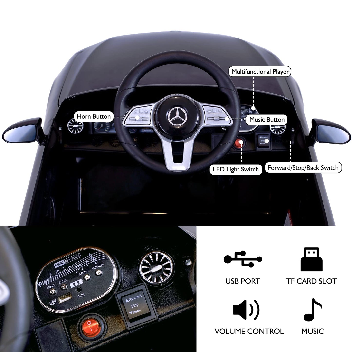 Bopilon Kids Electric Ride On Mercedes Benz With Remote Control, 12V Licensed Battery Powered Vehicle, Adjustable Speed, Safety