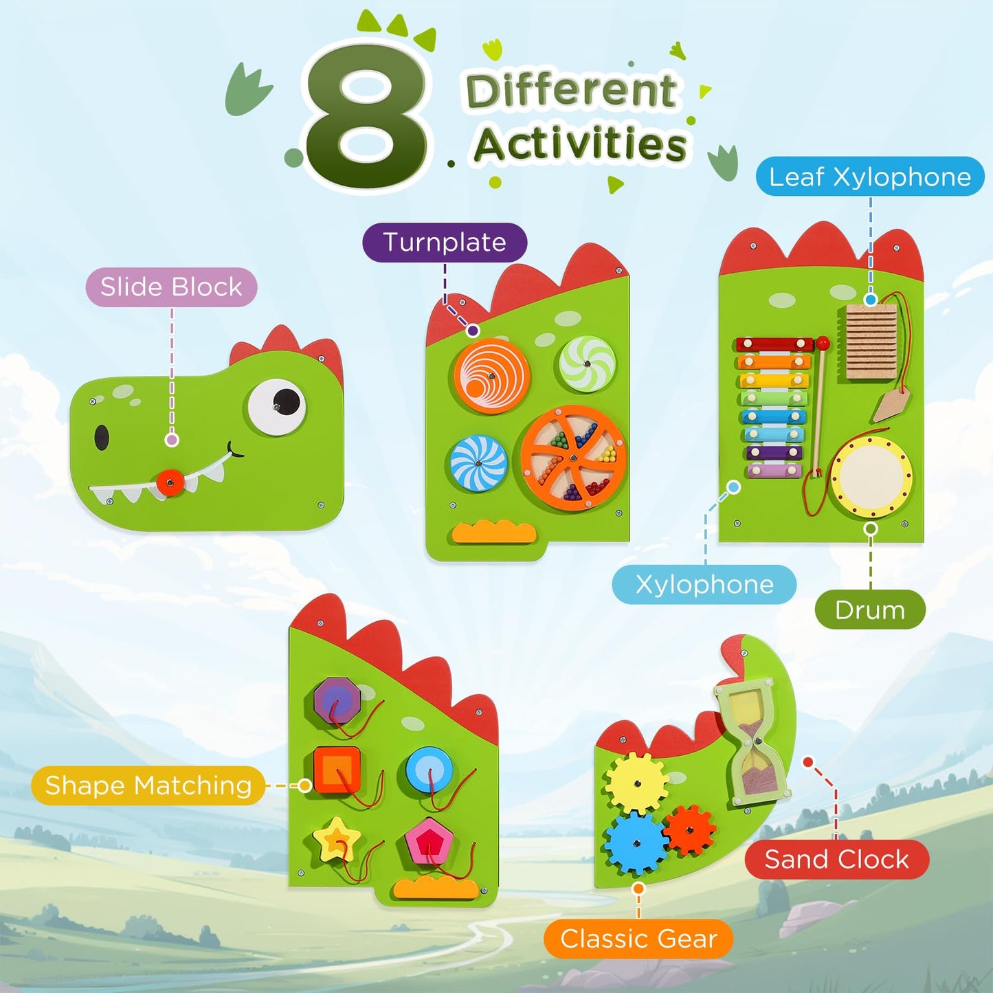 Joyibay Dinosaur Sensory Wall Panel: Sensory Wall Toy Wooden Dinosaur Busy Board Sensory Board Wall Toys 8 Sensory Activities Ga
