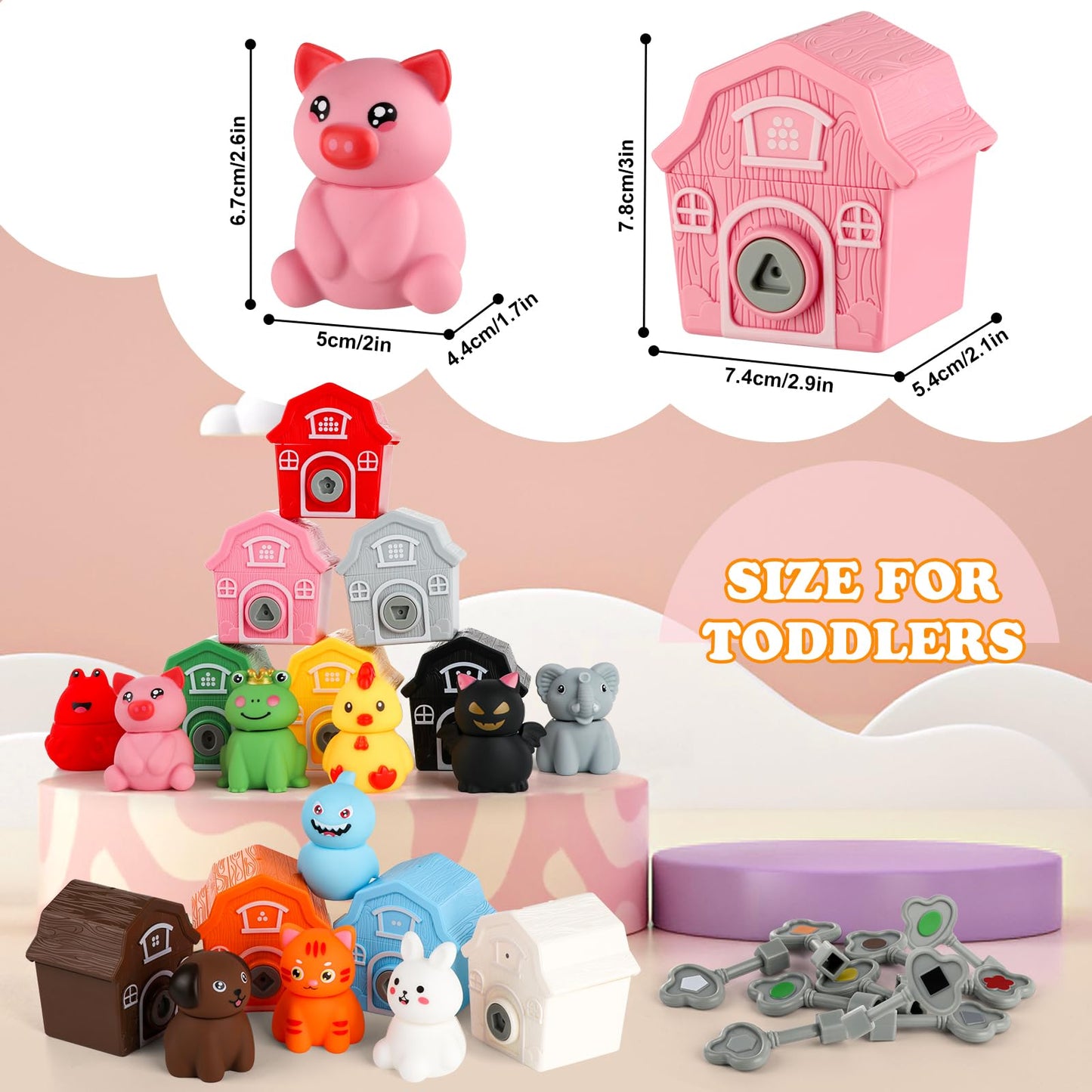Grarain Animal Toys For Toddlers,Little People Farm,30 Piece Farm Animal Toys,10 Farm Animals And 10 Barns,10 Keys,Montessori Co