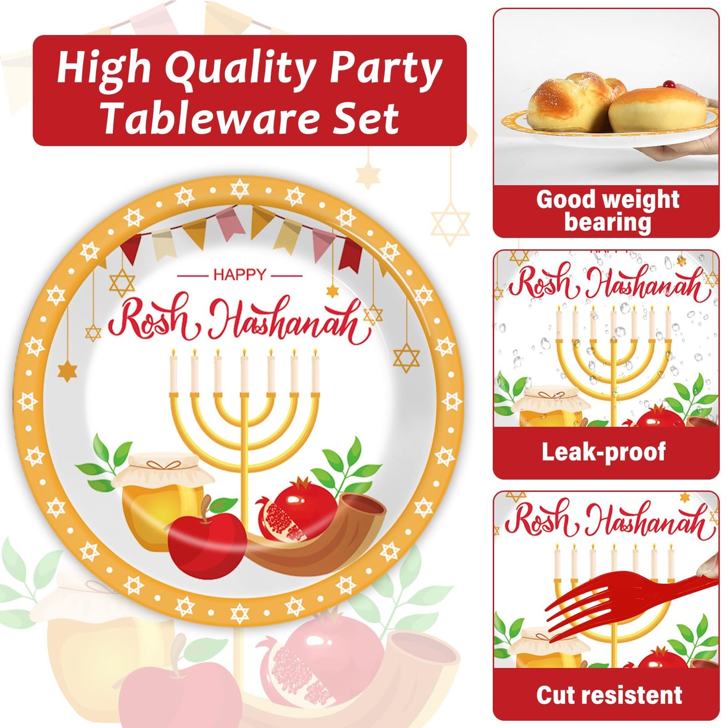 Gisgfim 96 Pcs Rosh Hashanah Plates And Napkins Party Supplies Shana Tova High Holy Day Tableware Set Jewish New Year Party Deco