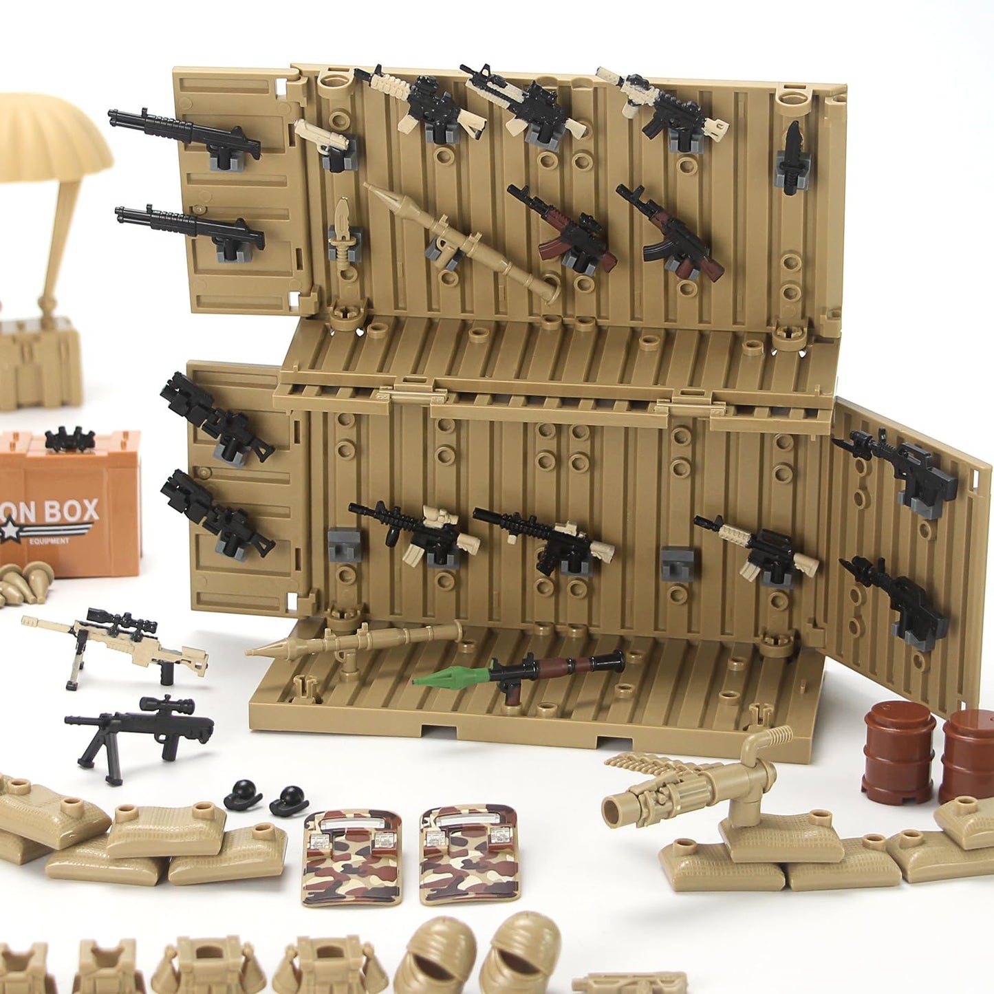 Desert Tan Army Accessories Kit 325 Pcs Military  Pack Gear E.O.D Suit NVD Helmet Shipping Container protective coveringy Building Block Toy for Soldiers Compatible with Major Brands