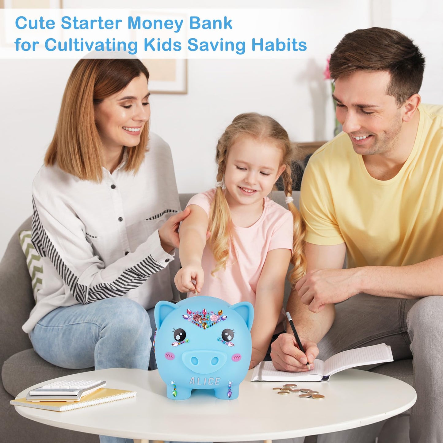 Piggy Bank Girls, Unbreakable Piggy Banks Large Money Coin Bank For Kids With Diy Stickers, For Birthday, Easter, Baby Shower, Blue