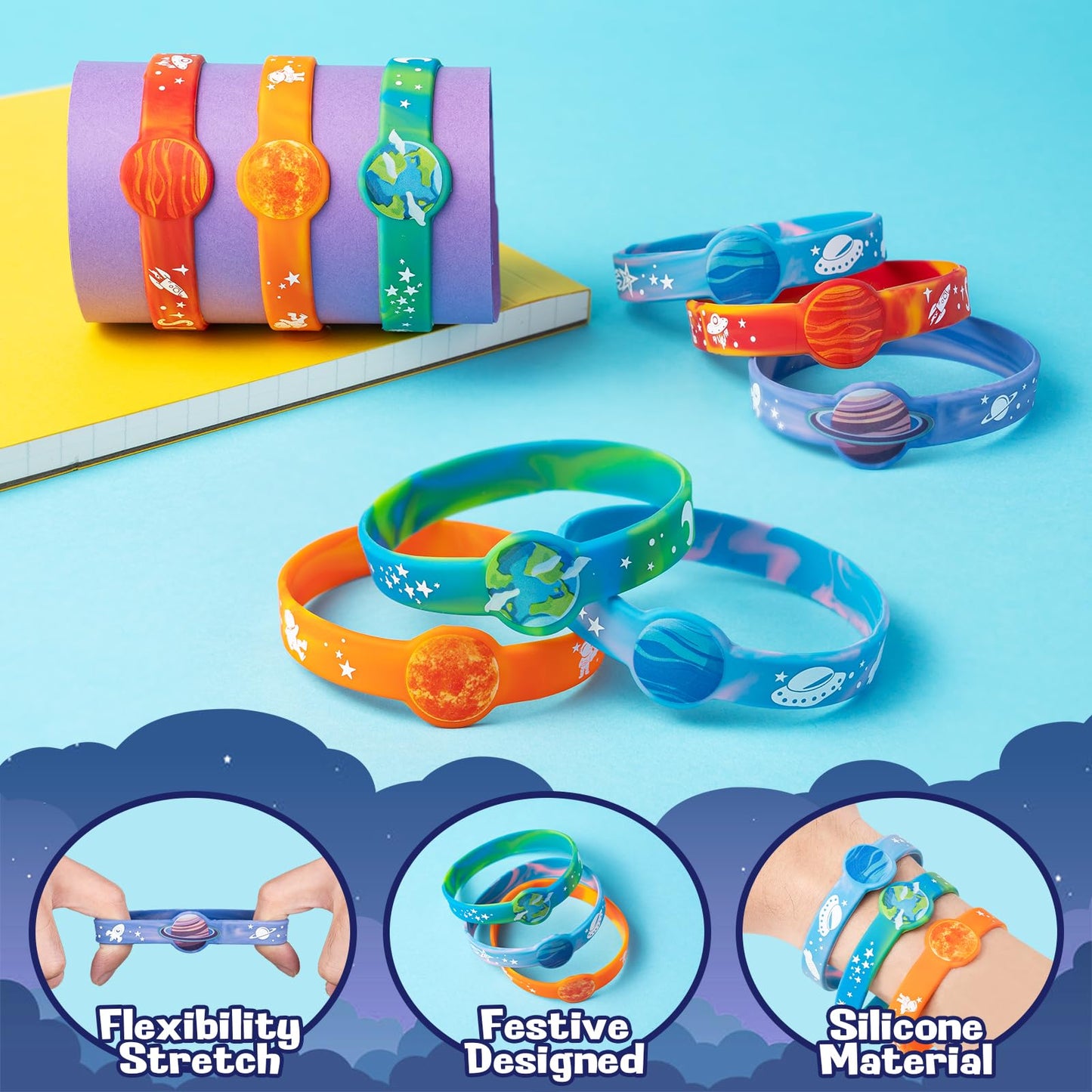Dmight Space Party Favors, 30 Pcs Outer Space Themed Birthday Decorations, 10 Silicone Bracelet, 20 Slap Bracelet For Astronaut